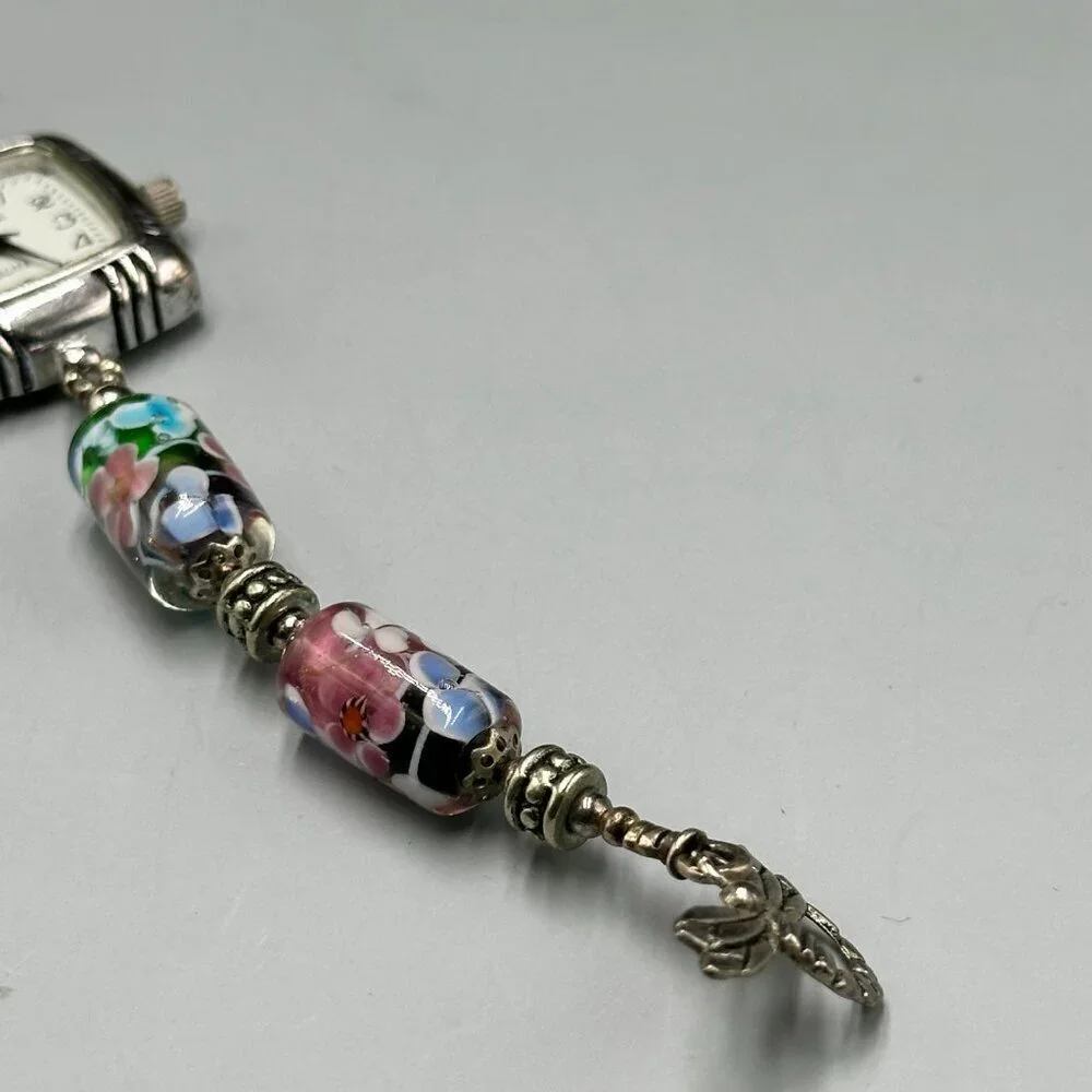 Geneva Watch Women Silver Tone Floral Glass Bead Bracelet New Battery 7 Inch